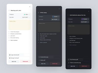 Light / Dark / Black mode app card component dark mode dark theme dark ui desktop due date task task manager to do list todo todo app ui