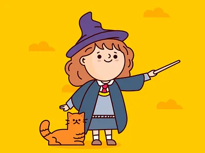 Hermione Granger cat character concept cute fanart flat design geometric illustration harry potter hermione granger illustration illustrator kidlit kidlitart magic magic wand pet simple vector art witch witcher yellow