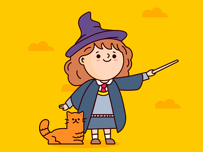 Hermione Granger cat character concept cute fanart flat design geometric illustration harry potter hermione granger illustration illustrator kidlit kidlitart magic magic wand pet simple vector art witch witcher yellow