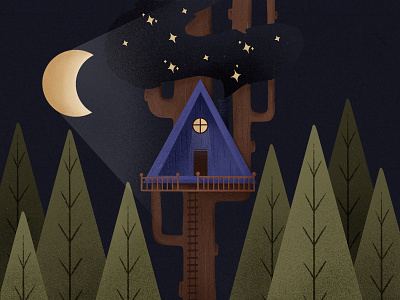 Tree cabin adventure adventure time art cabin at night cabin life forest illustration latvia moon night night time procreate stars woods