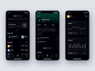 DeFi D'App Store app borrowing crypto crypto wallet cryptocurrency data data visulization dataviz defi ethereum fintech lending mobile price profiles tab bar ui ux wallet