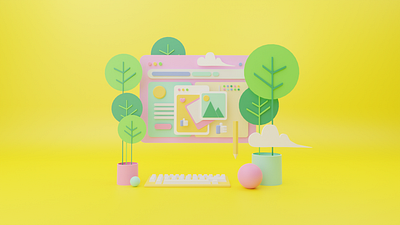 3D Render Pink Website with Yellow Background 3d 3d animation 3d art 3d illustration 3d rendering decorative design dribbble flat flatdesign illustration ui