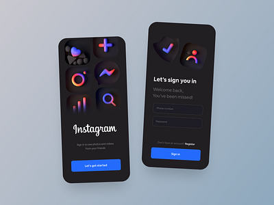 Instagram Login Screen - #VisualExploration 3d 3d illustration app app design bold card clean dark mode dark theme dark ui icons illustration instagram ios logo mobile onboarding skeumorphism ui ux