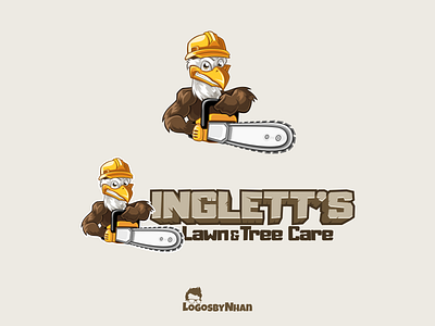 Inglett's Lawn & Tree Care logo bald eagle cartoon cartoon character cartoon design cartoon illustration cartoon logo cartoon mascot chainsaw character cutting eagle eagle logo illustraion lawncare logo logo design mascot mascot character mascot design mascot logo