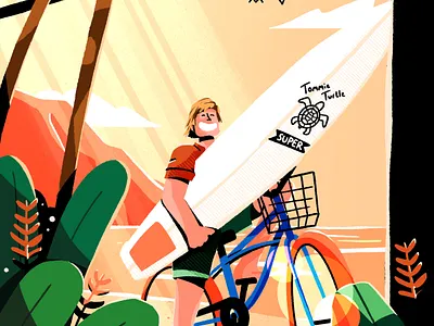 Tommie Turtle beach bike board cloudy coast cruiser flare illustration lens mountains plants procreate sea shirt shorts sunset surf surfboard surfer turtle