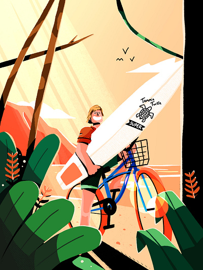 Tommie Turtle beach bike board cloudy coast cruiser flare illustration lens mountains plants procreate sea shirt shorts sunset surf surfboard surfer turtle