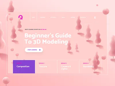 Hero Header - 3D Modeling Course 3d 3d art 3d artist 3d illustration 3d modeling adobe xd adobexd course course hero courses desktop desktop app header hero section learning learning platform pink platform webdesign website
