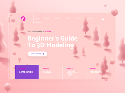 Hero Header - 3D Modeling Course 3d 3d art 3d artist 3d illustration 3d modeling adobe xd adobexd course course hero courses desktop desktop app header hero section learning learning platform pink platform webdesign website