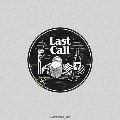 LAST CALL alcohol alterfan artist artwork badge bar beer coverart drinks illustrator last call patch reaper skeleton skull vector
