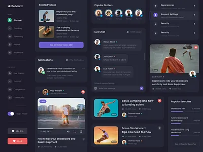 #Exploration - Skateboard Video Platform - UI Elements app card component dark mode dark ui dashboard design desktop elements night mode platform skateboard sport ui ui kit ux video website