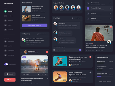 #Exploration - Skateboard Video Platform - UI Elements app card component dark mode dark ui dashboard design desktop elements night mode platform skateboard sport ui ui kit ux video website