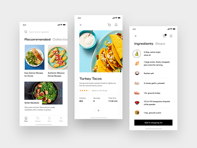 Cooking App Concept app clean cooking elegant flat food home ingredients ios kitchen minimal mobile premium preparation recipe recipe book shopping ui ux white