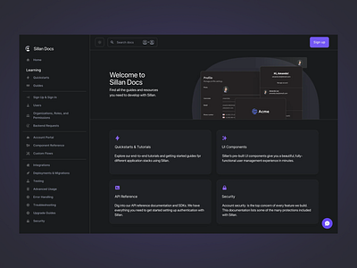 Sillian Docs: Documentation Platform Layout account security api references dark theme data management documentation documentation design futuristic design guide guides homepage interactive elements interface design landing page platform software ui components ui design ux uxui web design