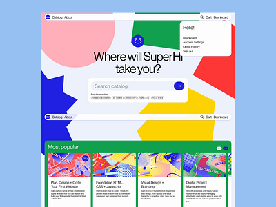 SuperHi | Online Learning Platform Exploration coding colorful courses digital e learning education fun html interface interface design javascript landing page online learning platform playful project management uxui visual designs warm color palette web design