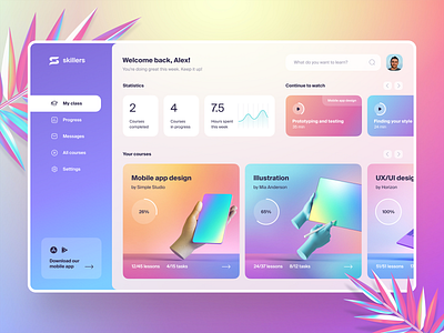 Skillers web app 3d cards classes colorful concept dashboard e learning edtech education educational platform gradient interface learning platform online courses product design statistics ui ux web app web application