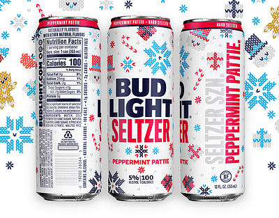 Bud Light Seltzer Ugly Sweater Pack-Can Detail bud light can design candy cane hard seltzer holiday knit packaging peppermint seltzer snowman sweater ugly sweater