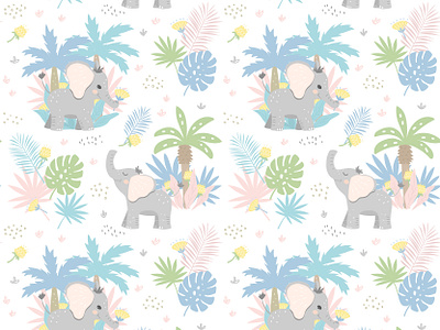 Pattern with elephants baby cartoon character childish design flat flower graphic illustration jungle leaf nature palm pattern vector