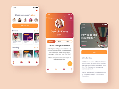 Vibe App app design events ios app kids app mobile app mobile ui newsfeed profile page social network