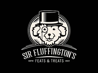 Sir Fluffington's Logo branding design dog face illustration lockups logo monocle symmetrical top hat treats typography