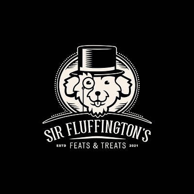 Sir Fluffington's Logo branding design dog face illustration lockups logo monocle symmetrical top hat treats typography