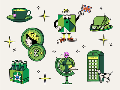 NerdWallet UK stickers beer britian character coins dalmatian dog flag glasses globe hat illustration map money nerds stickers tea uk visual design