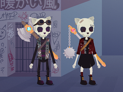 Punk Kitties On A Walk cat cats crust flat flat design flat illustration flatdesign goth gothic illustraion illustrator kitty punk punk rock punkrock punks skull skulls weapon