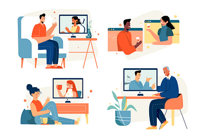 Friends Videoconferencing Scenes character friends illustration lifestyle online people people illustration remote vector vector illustration video conference