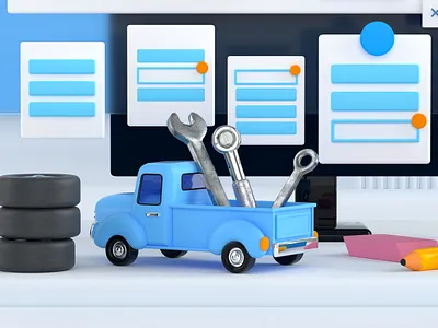 Truck 3d art 3d illustration 3d rendering automotive car repair cinema 4d computer mockup website office supplies tire tools toy truck user interface