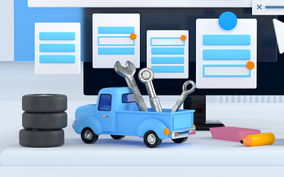 Truck 3d art 3d illustration 3d rendering automotive car repair cinema 4d computer mockup website office supplies tire tools toy truck user interface