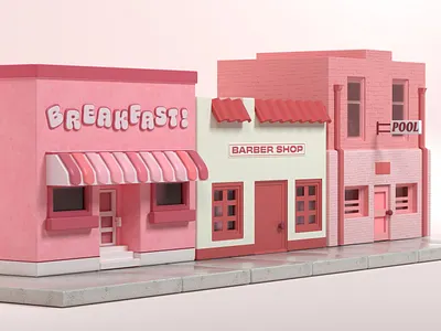 Storefronts 3d illustration 3d rendering barber breakfast bricks c4d character design cinema 4d city illustration lifestyle objects pink pool red rendering town village