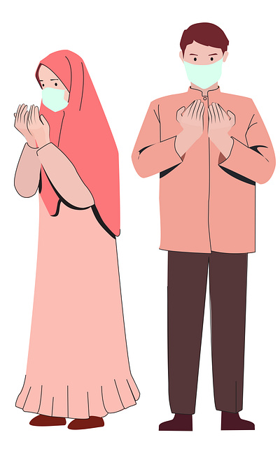 Muslim women and man praying while wearing mask characterdesign couple digitalart digitalpainting face mask hijab illustration illustrator indonesia islam islamic art muslim muslim couple muslimah pandemic people illustration praying vector