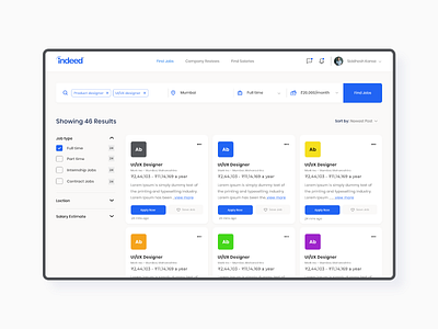 Indeed Redesign | Website design | UIUX creative design dashboard dashboard design dashboard ui flat design indeed interactiondesign job board job listing jobs in india jobseeker jobsite redesign uiux uiuxdesign