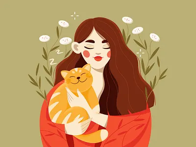 Girl and ginger cat cat character character design flowers ginger girl green illustration illustrator meditation procreate red vector