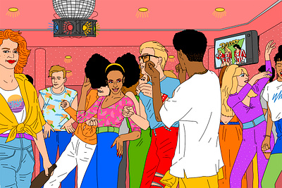 Chicago 80s dance scene 80s barscene chicago club colorful dance dance party disco editorial editorial illustration style