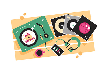 Hello, dribbblers! coffee cup debut shot debuts design dj dribbble dribbble invitation dribbble invite dribble flat headphone hello dribbble hello dribble illustration music phone sound vinyl vinyl player vinyl record