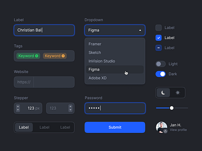 Dark UI Elements app avatar button checkbox dashboard dropdown elements input input group product design tabs toggle ui ui elements uidesign uiux user interface ux