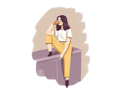 Girl with a favorite drink character design digital art flat girl girl character grain illustration purple sitting vintage yellow