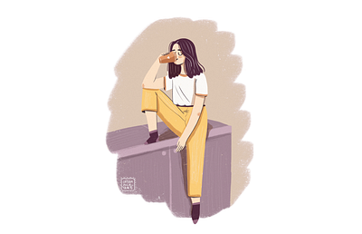 Girl with a favorite drink character design digital art flat girl girl character grain illustration purple sitting vintage yellow