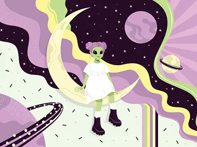 Little alien on the moon. 2d adobe illustrator alien art design flat flat style girl illustartion moon space textured vector
