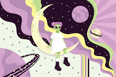 Little alien on the moon. 2d adobe illustrator alien art design flat flat style girl illustartion moon space textured vector