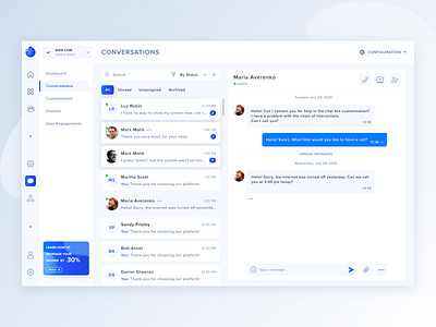 Admin Chat for marketing platform admin app app design blue and white chat chatbot clean ui desktop app illustration livechat messages platform ui web web app