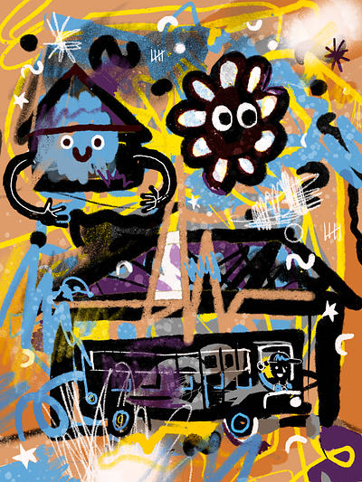 Stay at Home Blues flower house illustration messy procreate quarantine texture