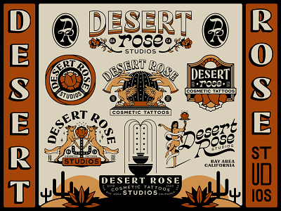 Desert Rose Studios Brand badge bird brand cactus coyote crest crystal ball desert desert rose floral flower fountain illustration monogram person rose suculent type vintage woman