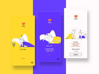 Pets care app - Daily UI #023 2021 bold colors care cat dailyui dobe xd dog dog illustartion figma health illustration minimalistic morphism pets purple skeumorphic tredny ui veterinarian yellow