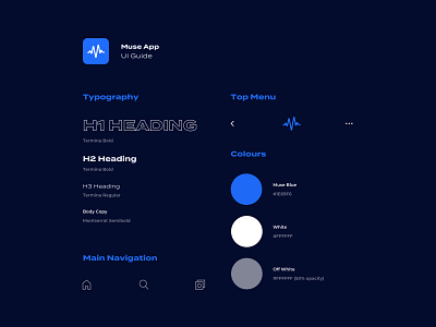 Muse app design colour palette design system menu menu bar mobile app mobile ui music music player music player app music player ui spotify style guide typography ui guide uiux