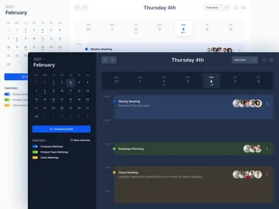 Calendar app - Desktop version - Dark theme agenda calendar app calendar ui clean design concept dark theme desktop app desktop ui meeting planner schedule