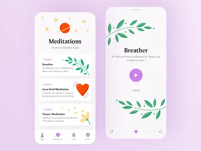 Meditation Mobile App animation app app design app illustration colorful femine illustrated illustration ios medicine meditation meditation app meditations player typography ui wellness yoga yoga app