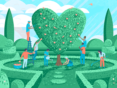 Practicing gratitude as a team art atlassian blog illustration character illustration design editorial illustration gardening heart illustration illustrator love teamwork tech texture topiary tree vector