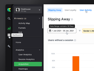 ✨Navigation Detail - New Countly UI analytics app button dashboard date picker date range design icon interface menu navigation neumorph neumorphism panel shadow side panel sidebar tabs ui ux