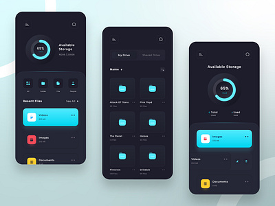 Cloud Storage App android app design clean cloud cloud storage dark dark theme drive elegant file manager file upload folder minimal moblie popular shot ui ui design uiux uiuxdesign